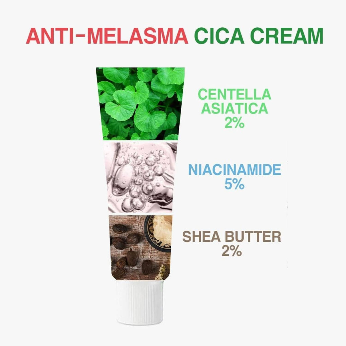 Anti-melasma cica cream tube with Centella asiatica 2%, Niacinamide 5%, Shea butter 2%