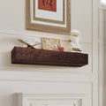 Rustic dark brown wood fireplace mantel shelf with open front panel and grain detail