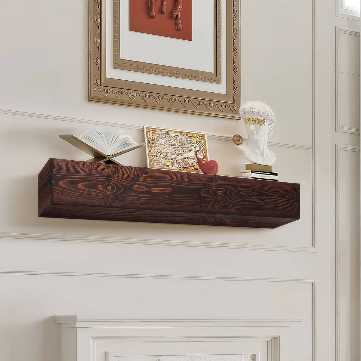 Rustic dark brown wood fireplace mantel shelf with open front panel and grain detail