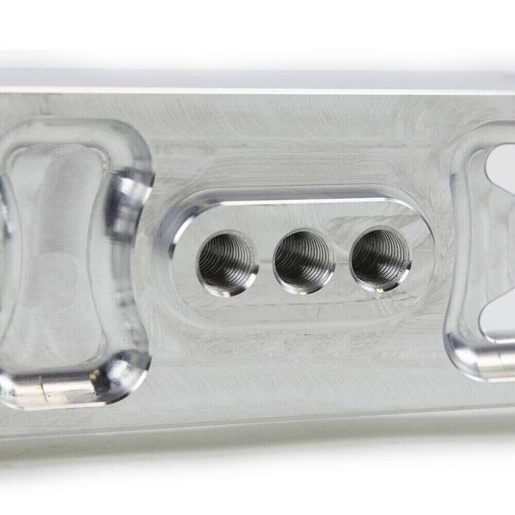 Silver tie bar with three threaded mounting holes and smooth machined surface