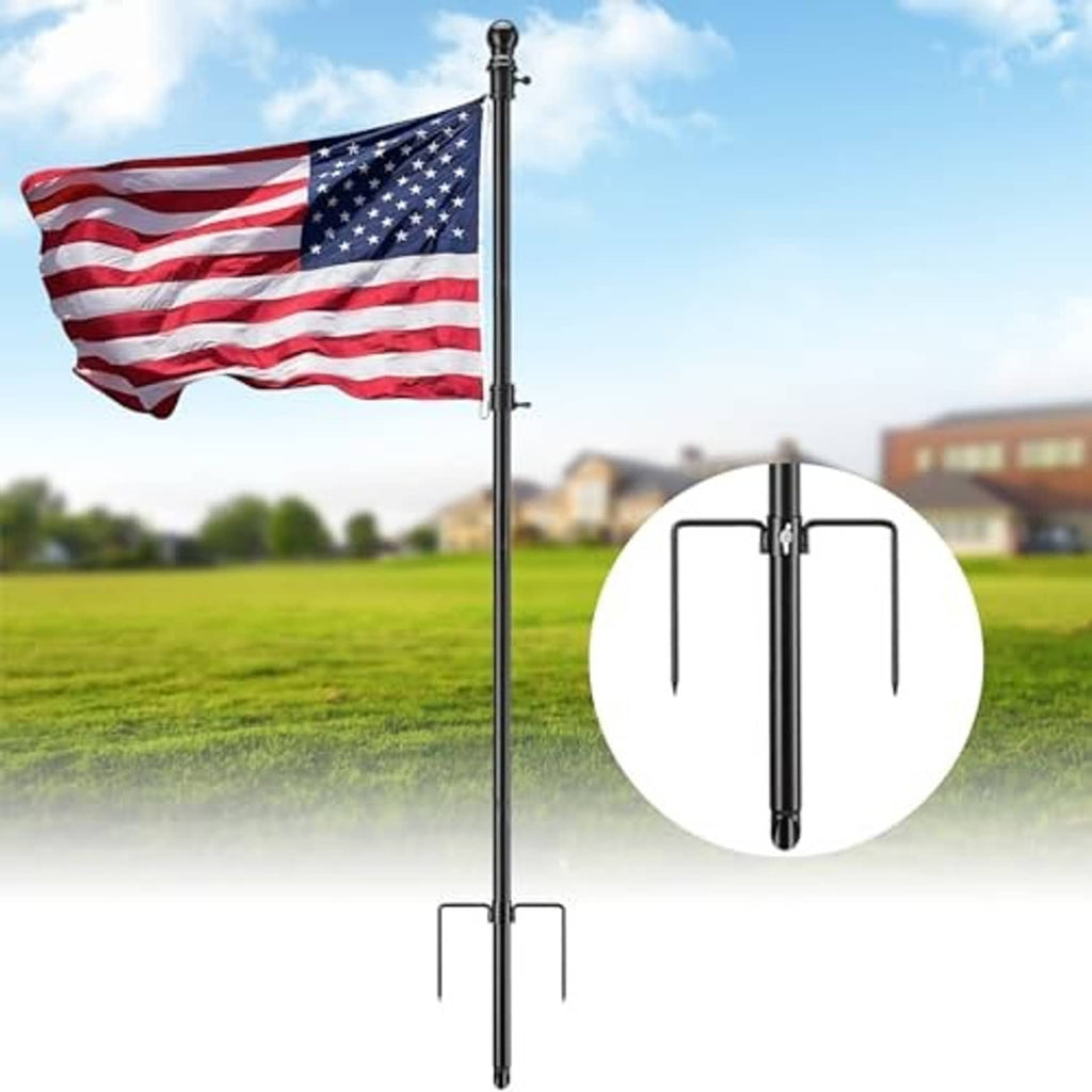 Black flag pole kit with crossbar base and rotating rings, shown with a U.S. flag