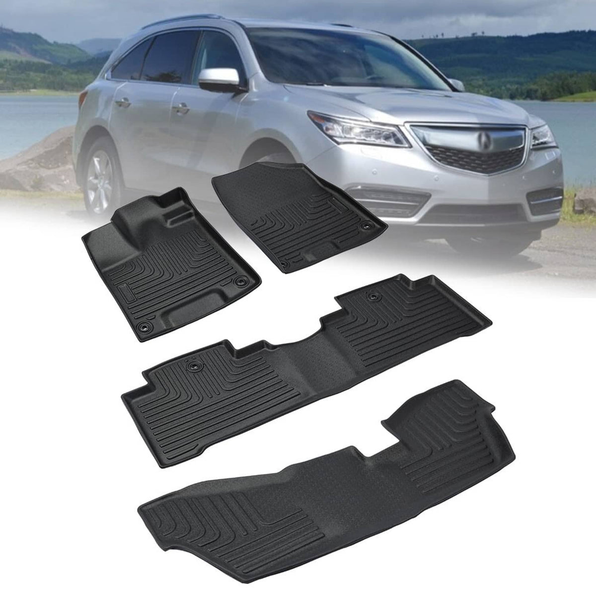 Set of black all-weather TPE front and rear floor mats with raised channels