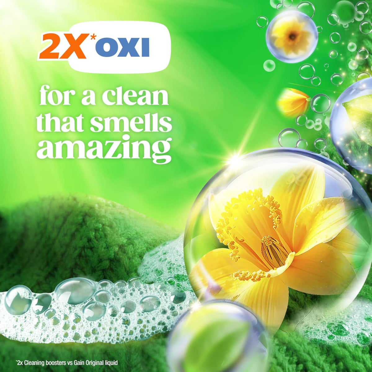 Clear gel pod cup graphic with yellow flower, green detergent freshness theme