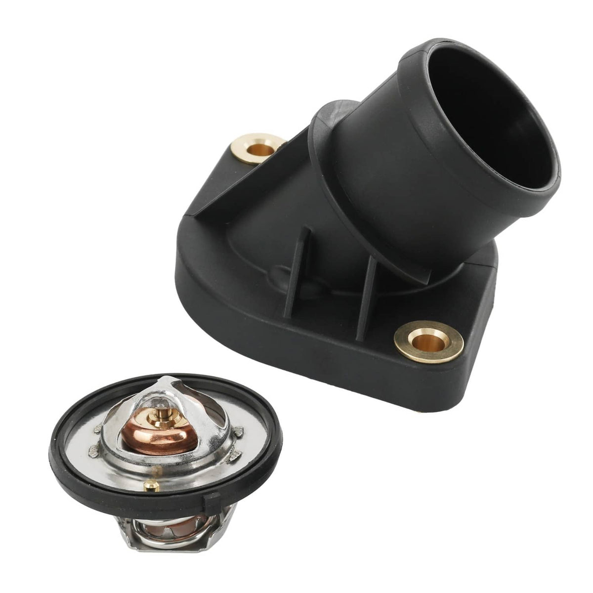 Black engine coolant thermostat housing assembly with metal thermal valve and mounting posts