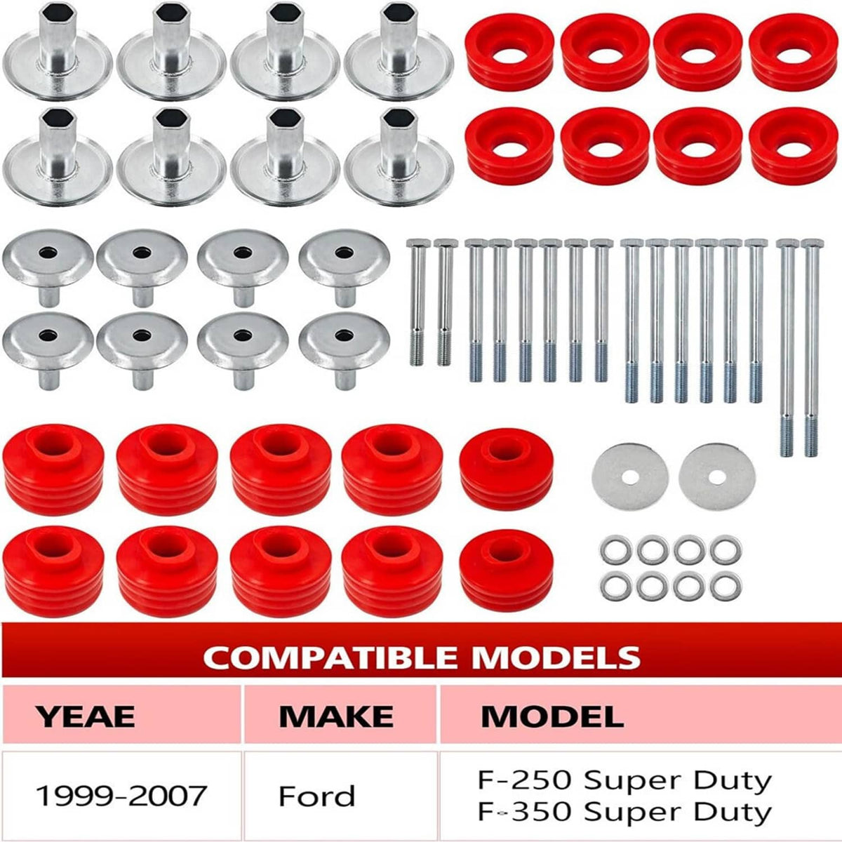 Body cab mount bushing kit with red bushings, silver plates, bolts, and washers