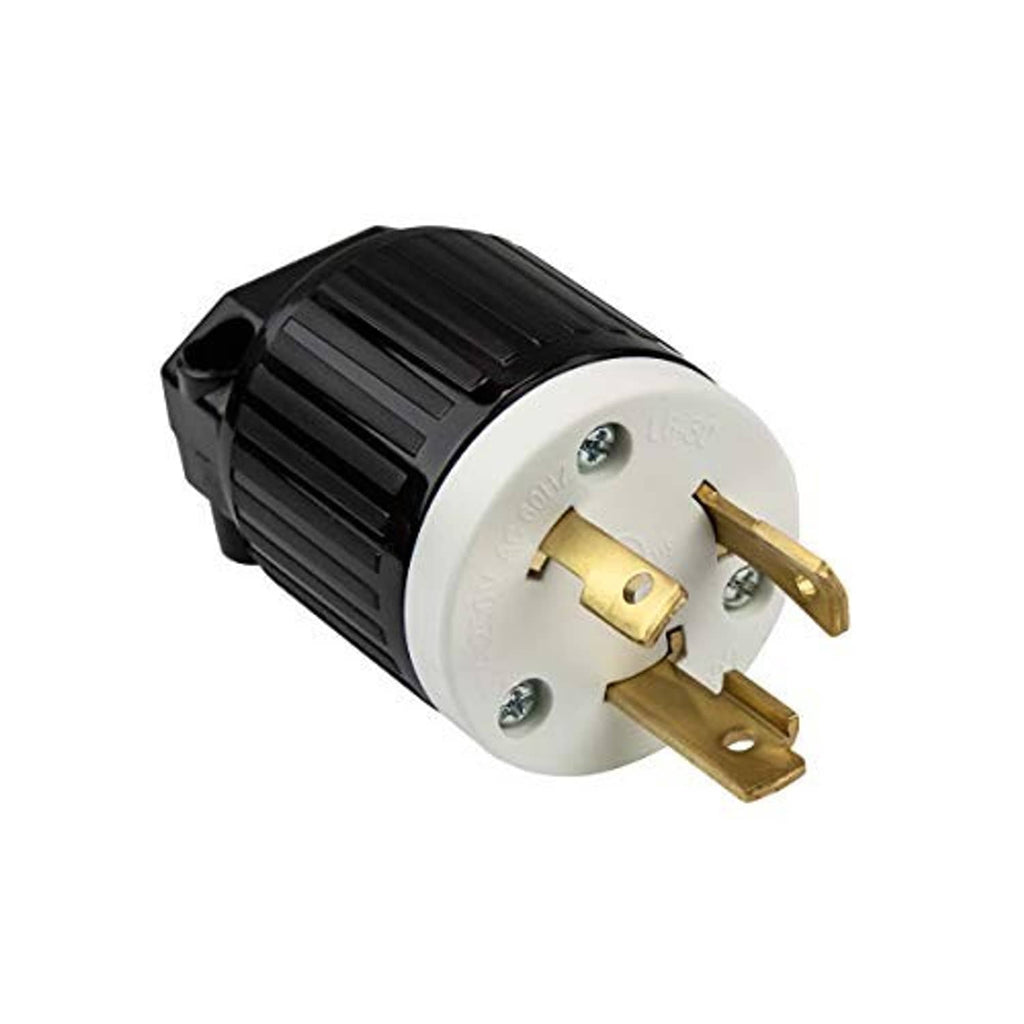 Locking twist-lock male plug, black body and silver face with two brass prongs