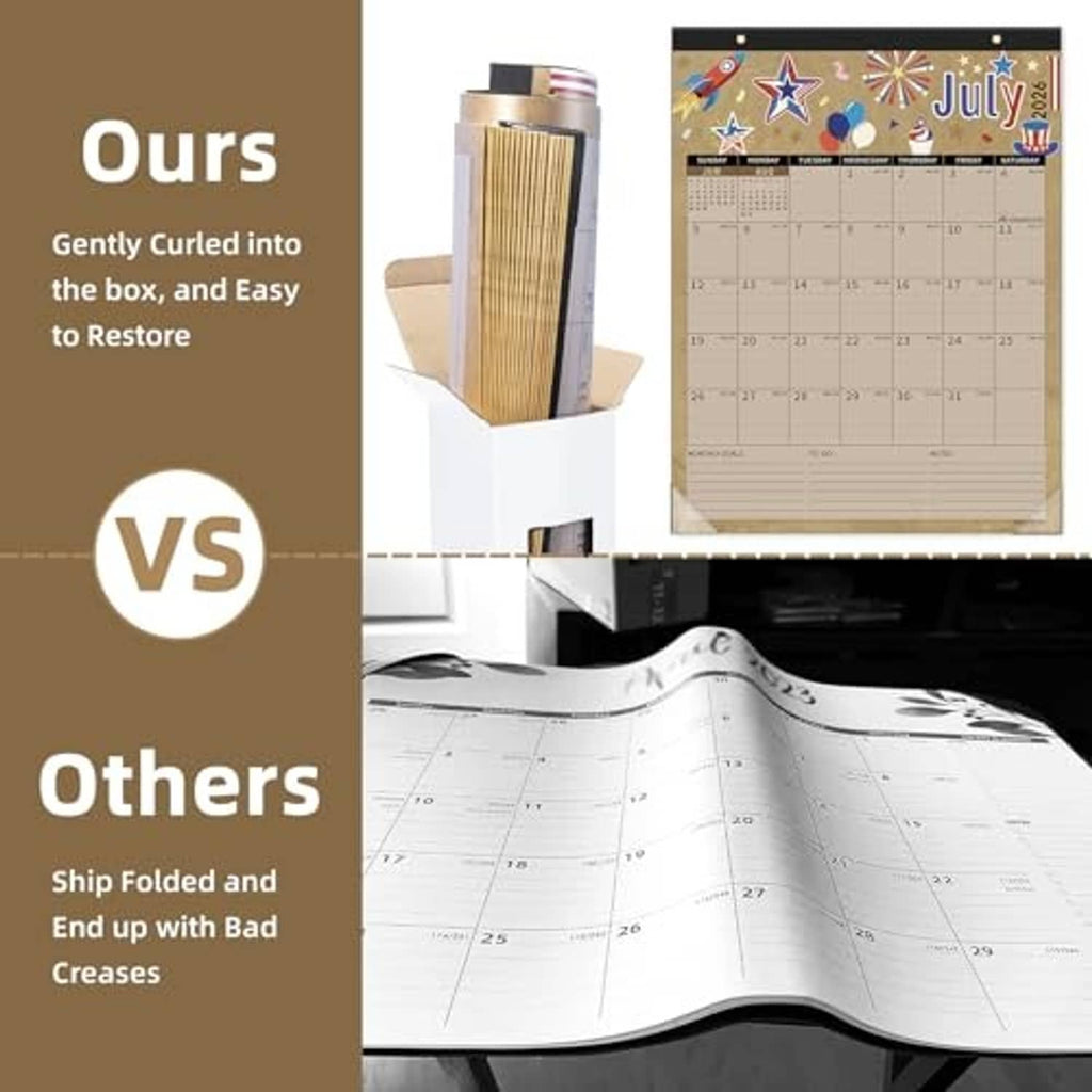 Calendar comparison graphic showing neatly restored curls vs creased shipping pages
