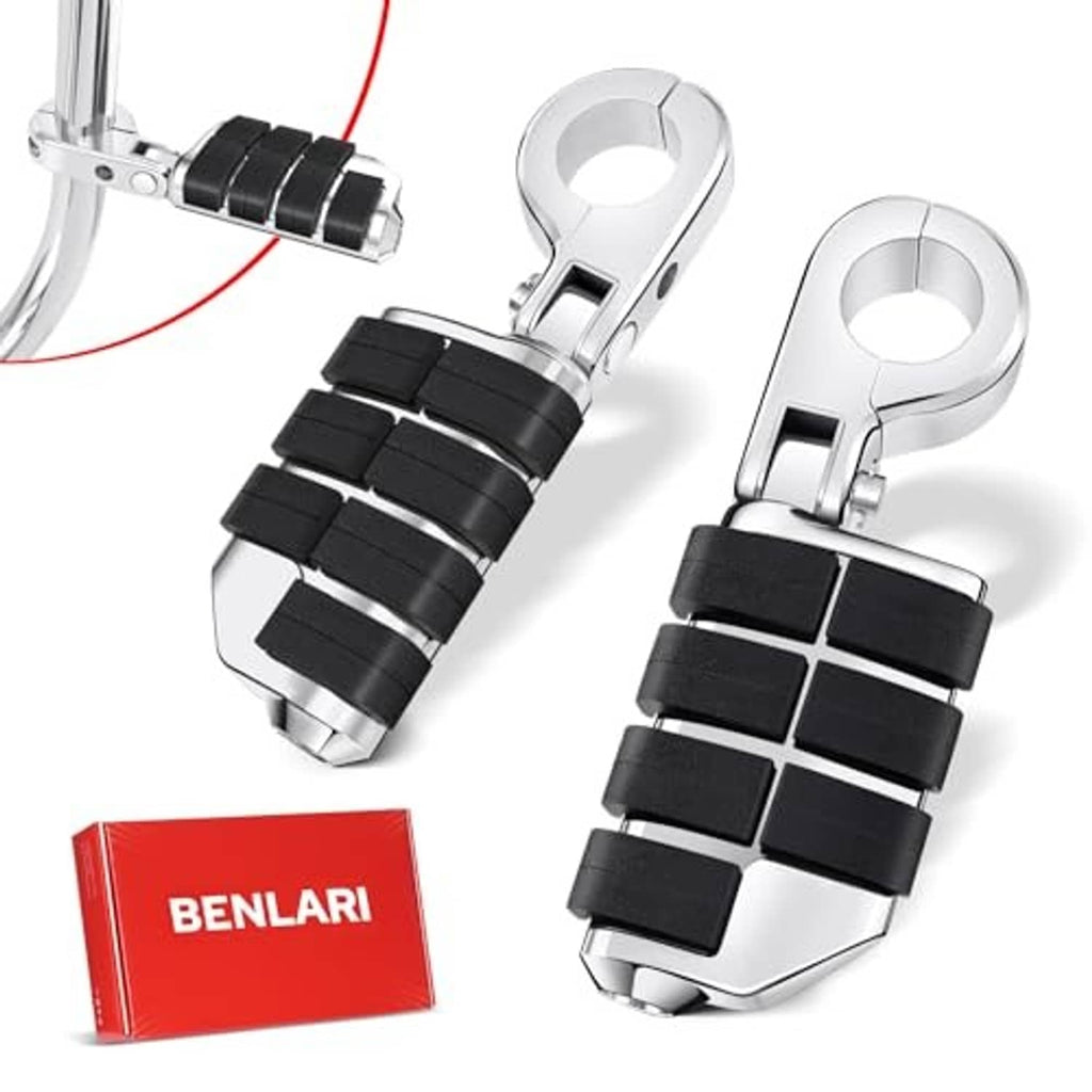 Set of chrome A3 steel motorcycle foot pegs with black rubber grip blocks, clamp mounts