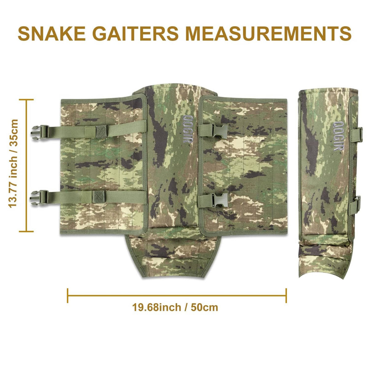 Camouflage snake gaiters with adjustable top and side straps, shown laid out flat.