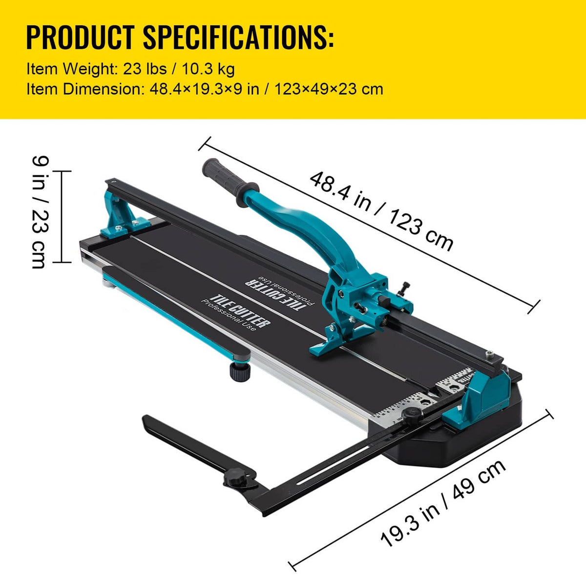 Manual tile cutter dimensions view with teal handle and black cutting platform