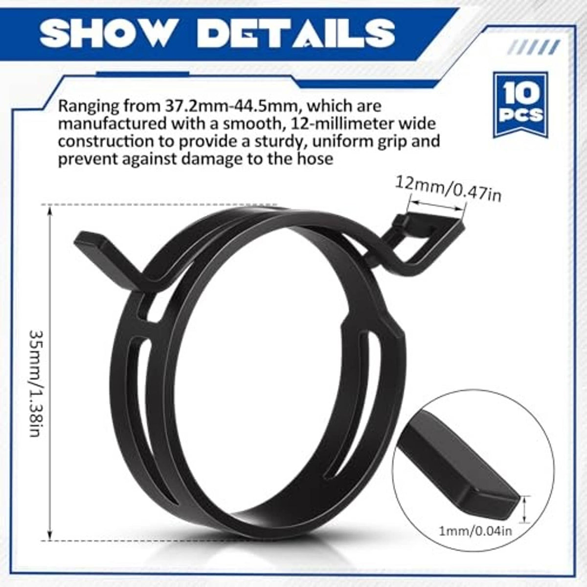 Black constant-tension band hose clamp with close-up of strap and locking tab