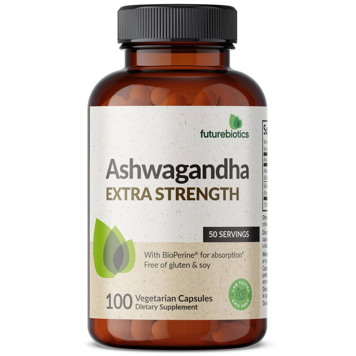 Ashwagandha extra strength supplement bottle with black cap, 50 servings, vegetarian capsules