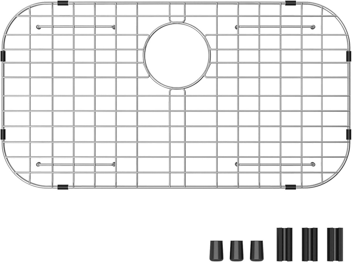 Stainless steel sink protector grid with round rear drain cutout and grid bars