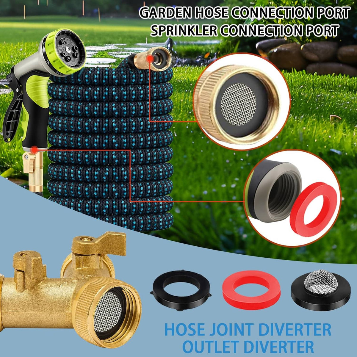 Garden hose connection parts with round mesh screens and red and black outlet diverter.