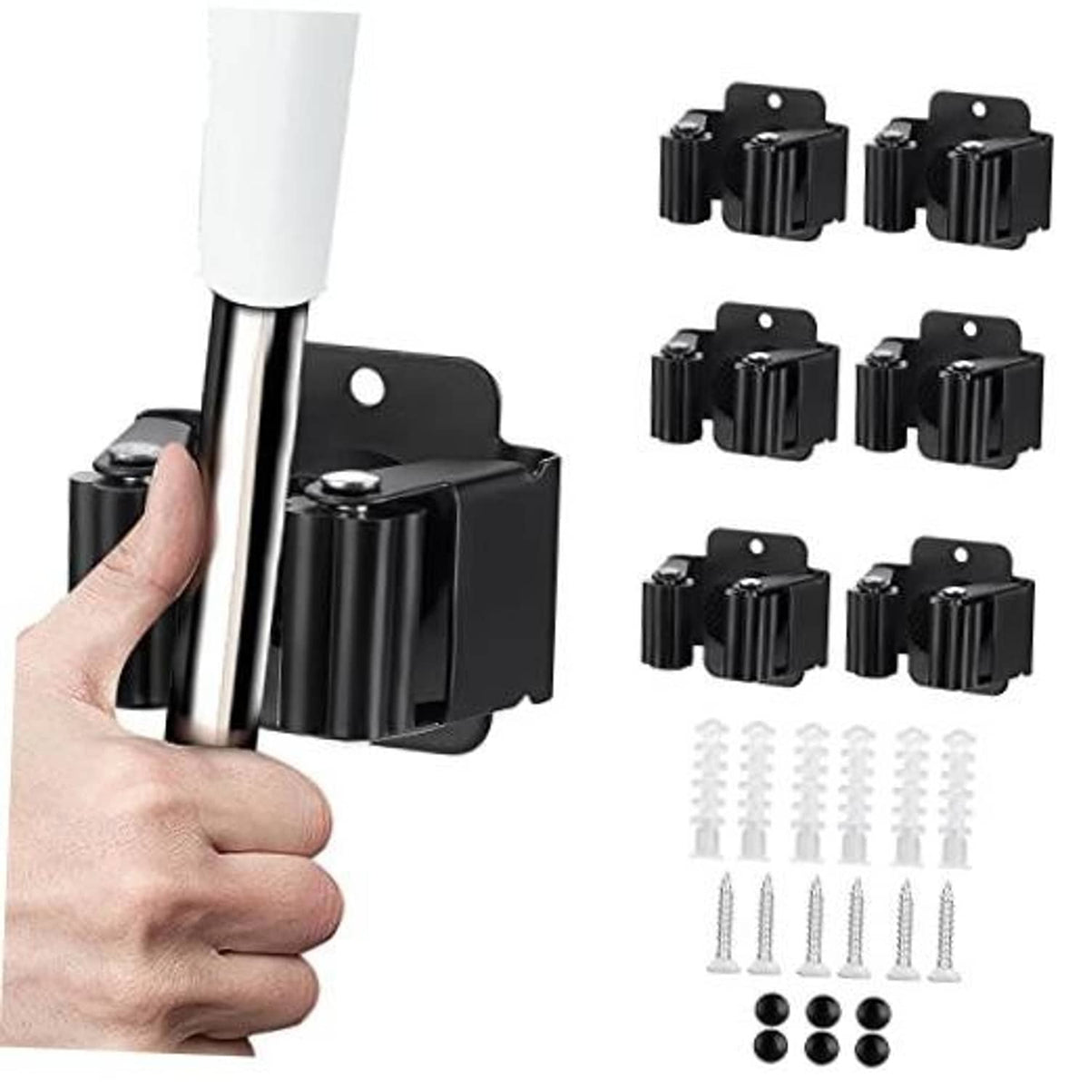 Matte black broom and mop wall holder set with multiple clamps and mounting hardware