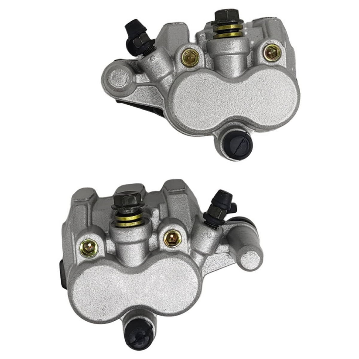 Pair of front brake calipers with silver finish, black hoses, and yellow spring retainers
