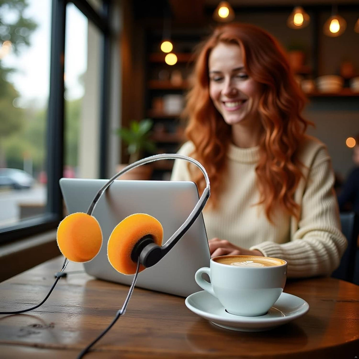 Orange over-ear headphones with foam ear pads, worn on a desk with laptop.