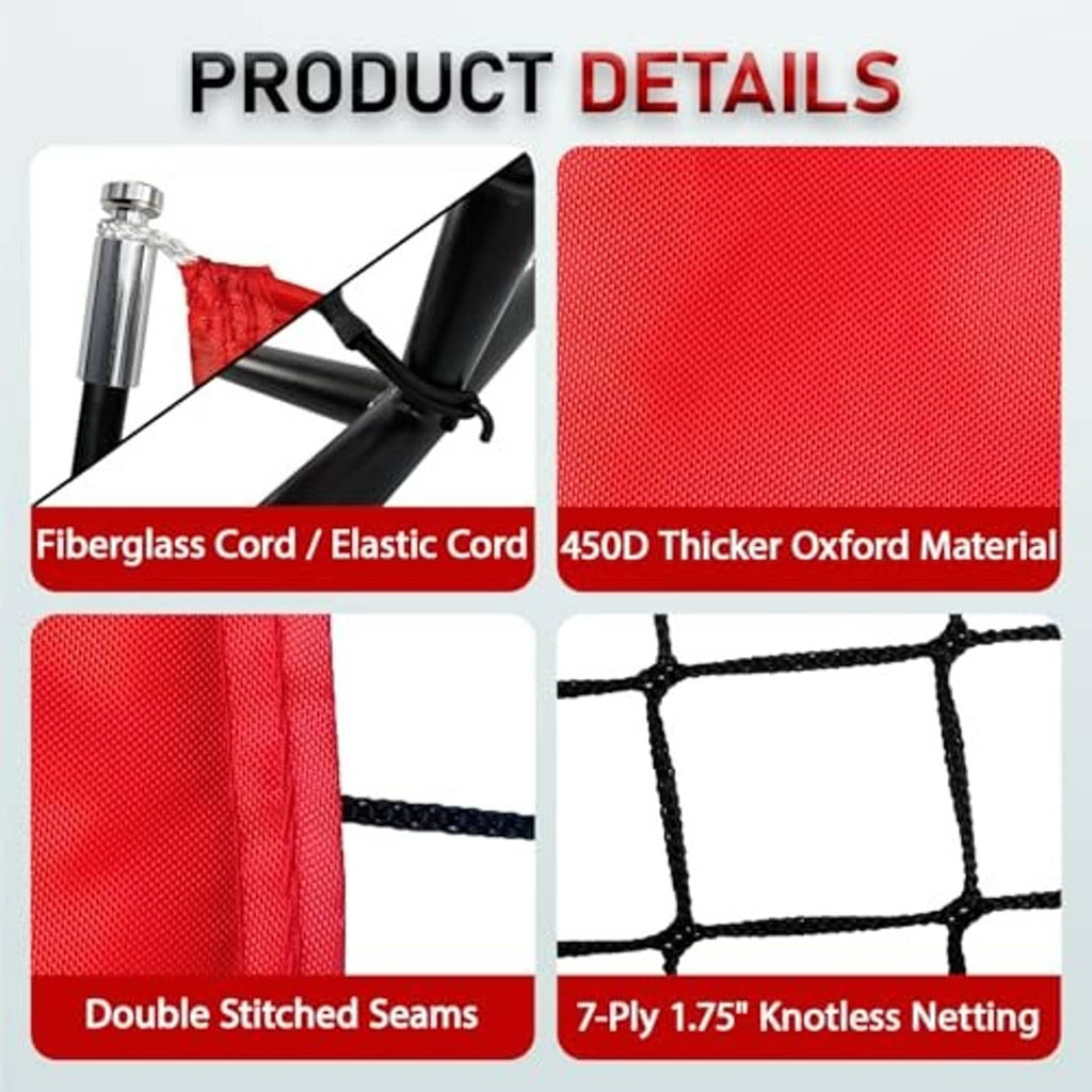Practice net material details: red fabric panels and thick oxford netting reinforcement