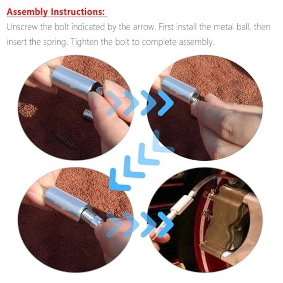 Brake bleeder check-valve assembly parts: metal ball and spring with threaded housing