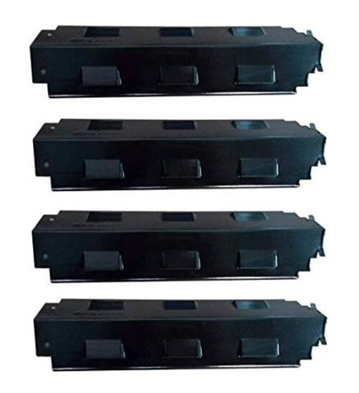Four black burner heat plates with rectangular vent openings and mounting holes