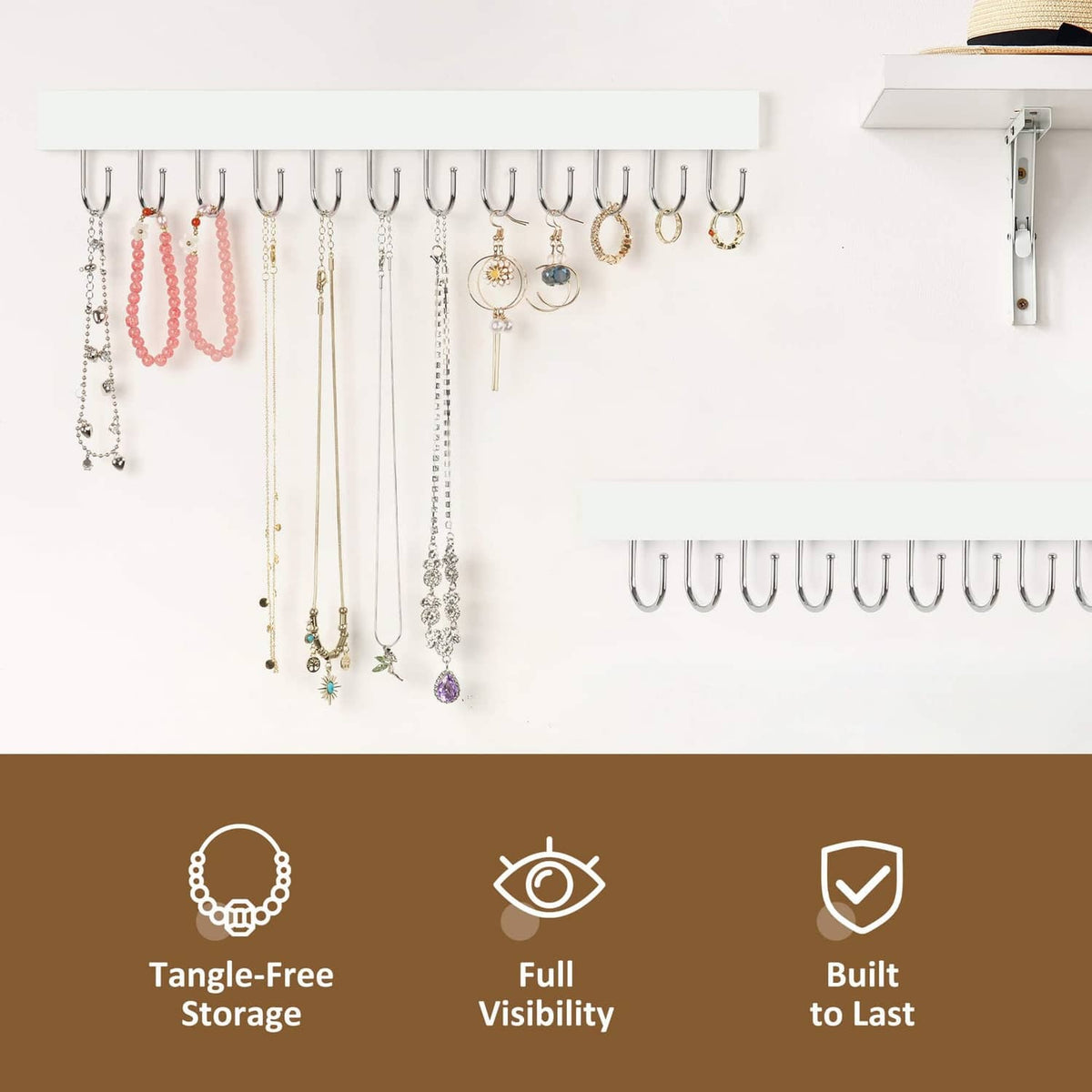 White necklace organizer wall mount with silver hooks and hanging bead jewelry