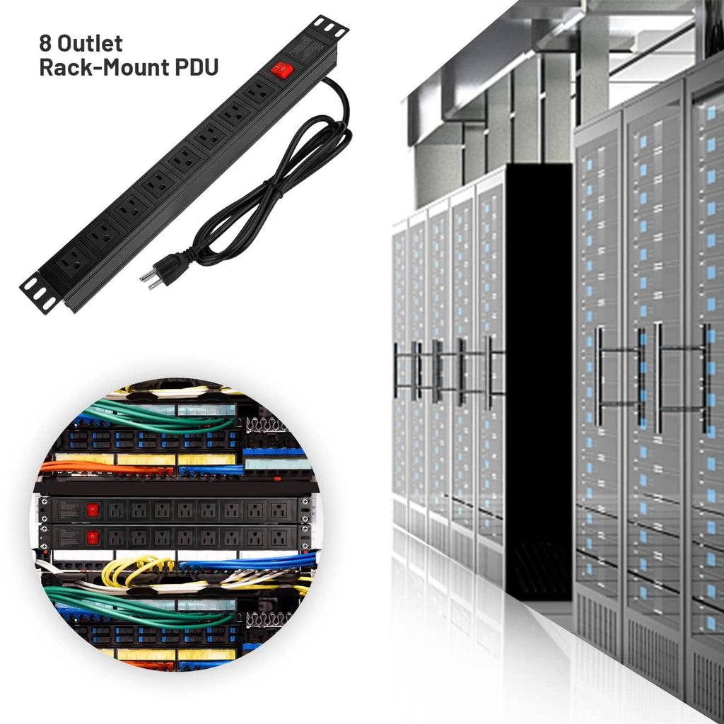Rack-mount power strip surge protector with 8 right-angle outlets and power cord
