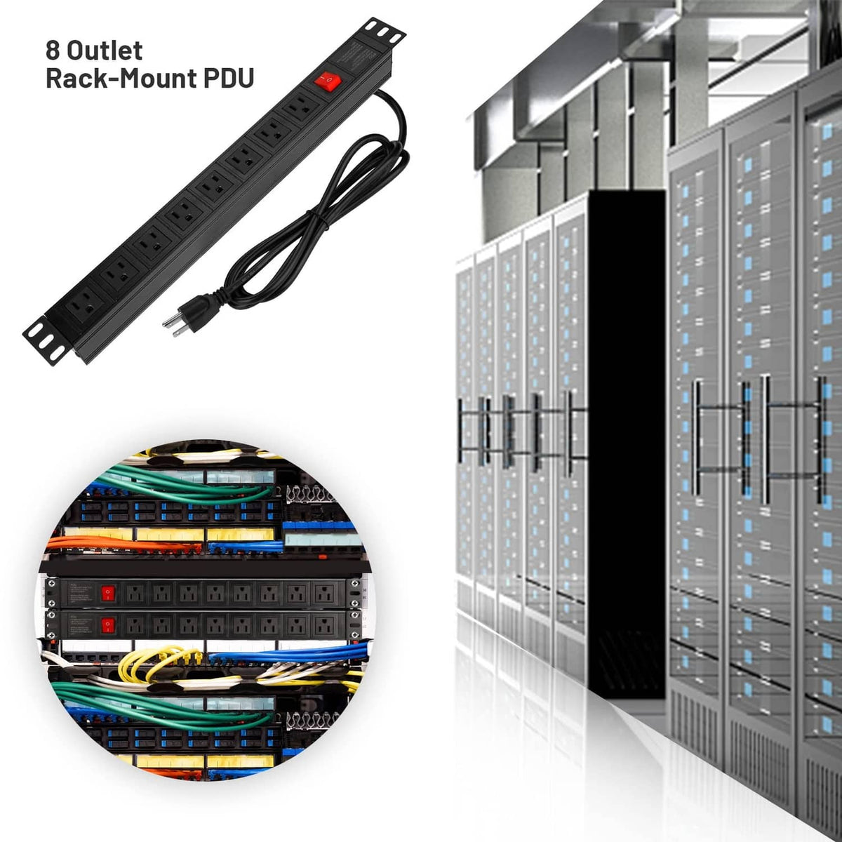 Rack-mount power strip surge protector with 8 right-angle outlets and power cord