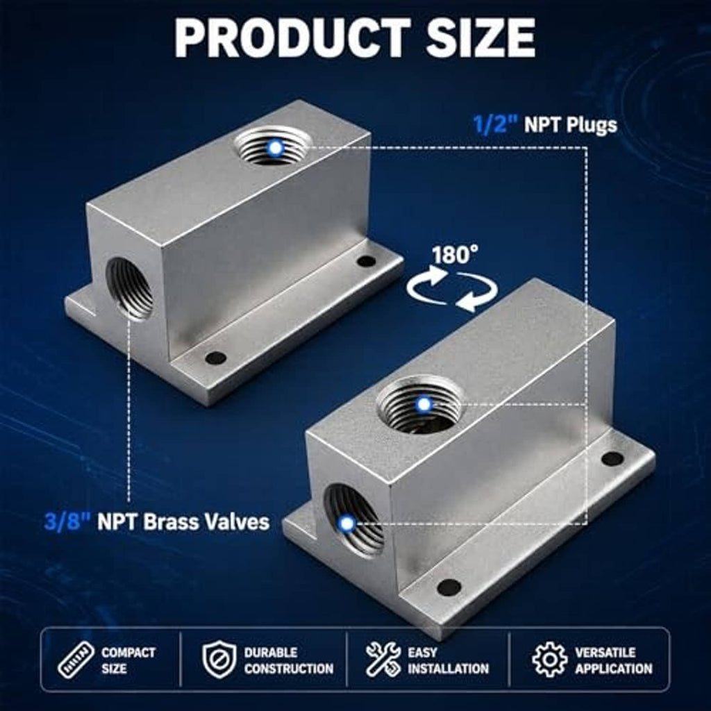 Compact metal air outlet fittings, two silver blocks with threaded ports and mounting holes