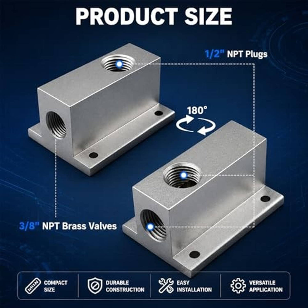 Compact metal air outlet fittings, two silver blocks with threaded ports and mounting holes