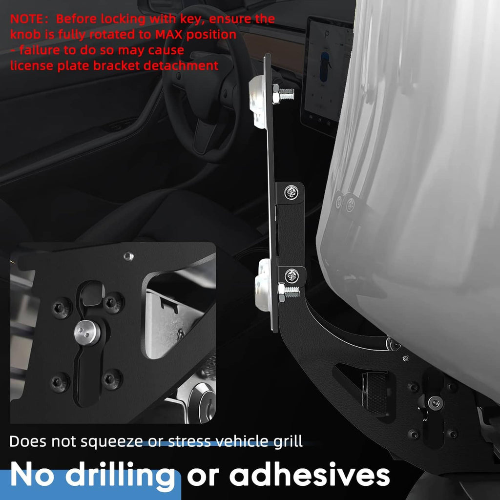 Front license plate mount bracket near car grille, designed for no drilling