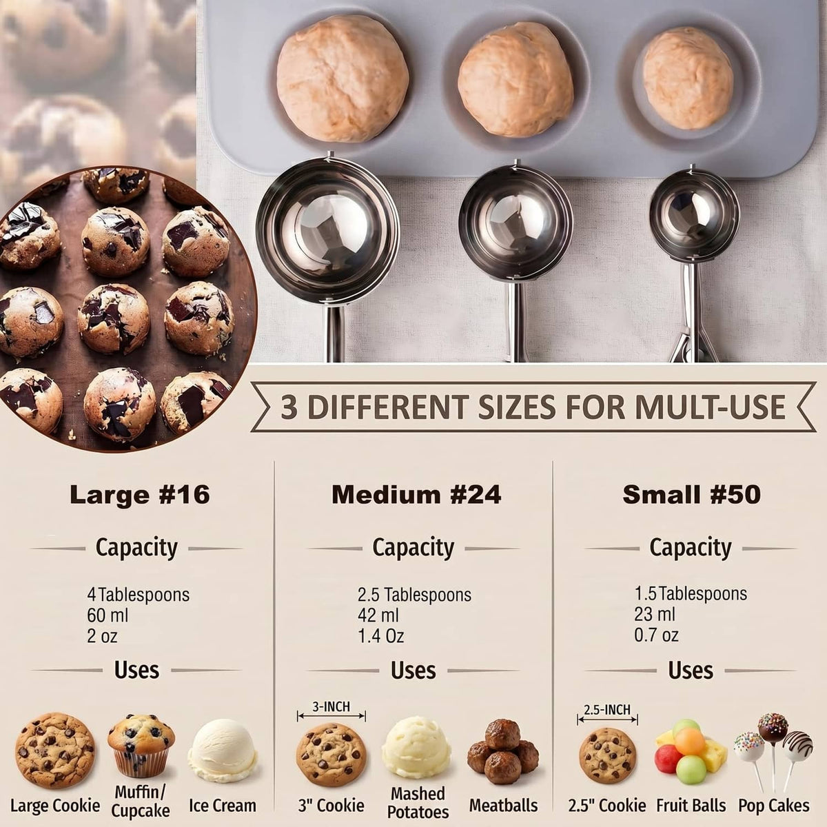 Three-size stainless steel cookie scoop set with large, medium, and small bowls