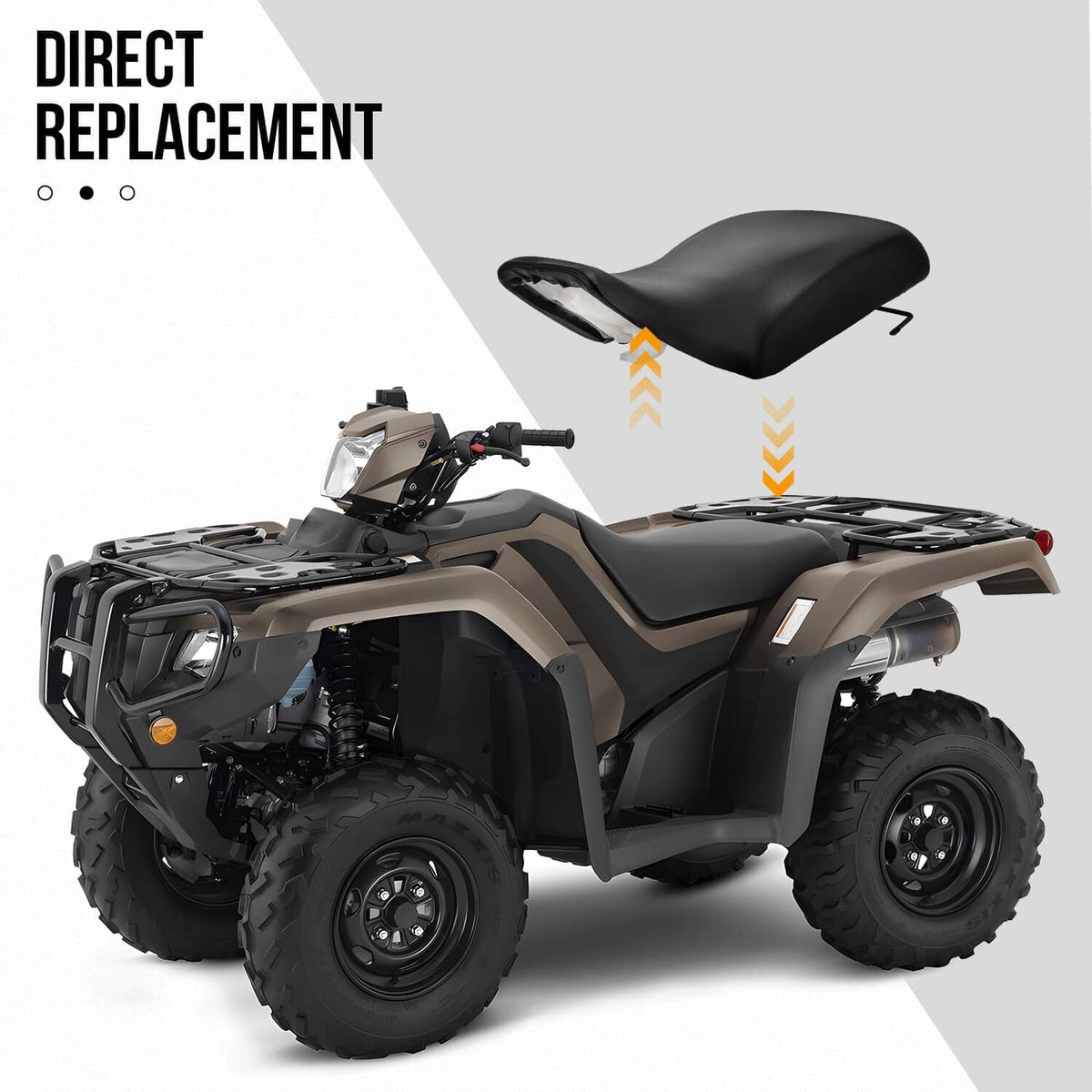 Black replacement ATV seat installed on the quad, contoured rider cushion