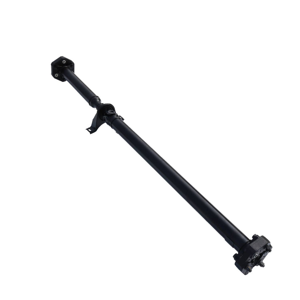 Black drive prop shaft assembly with end flange and center coupler, angled view