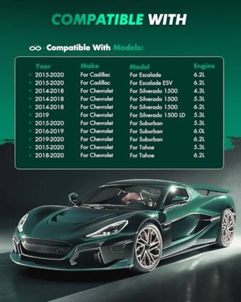 Brake pad kit compatibility graphic with highlighted list and sports car image