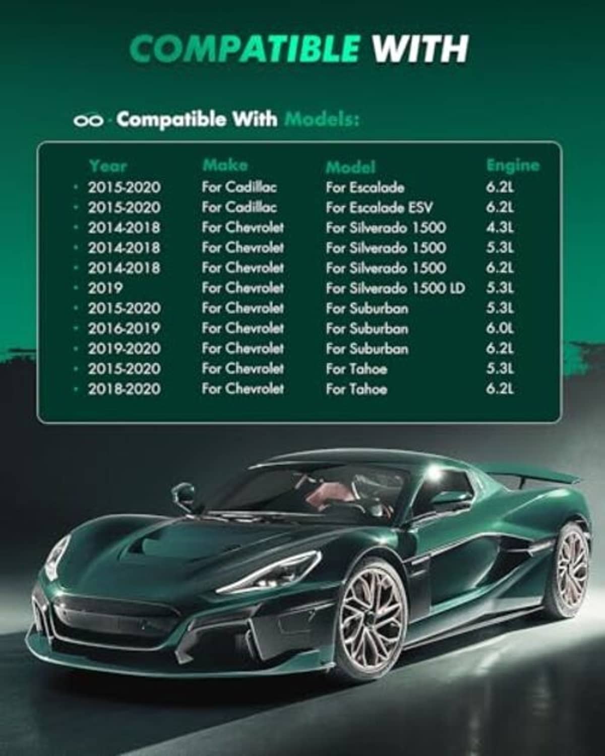 Brake pad kit compatibility graphic with highlighted list and sports car image