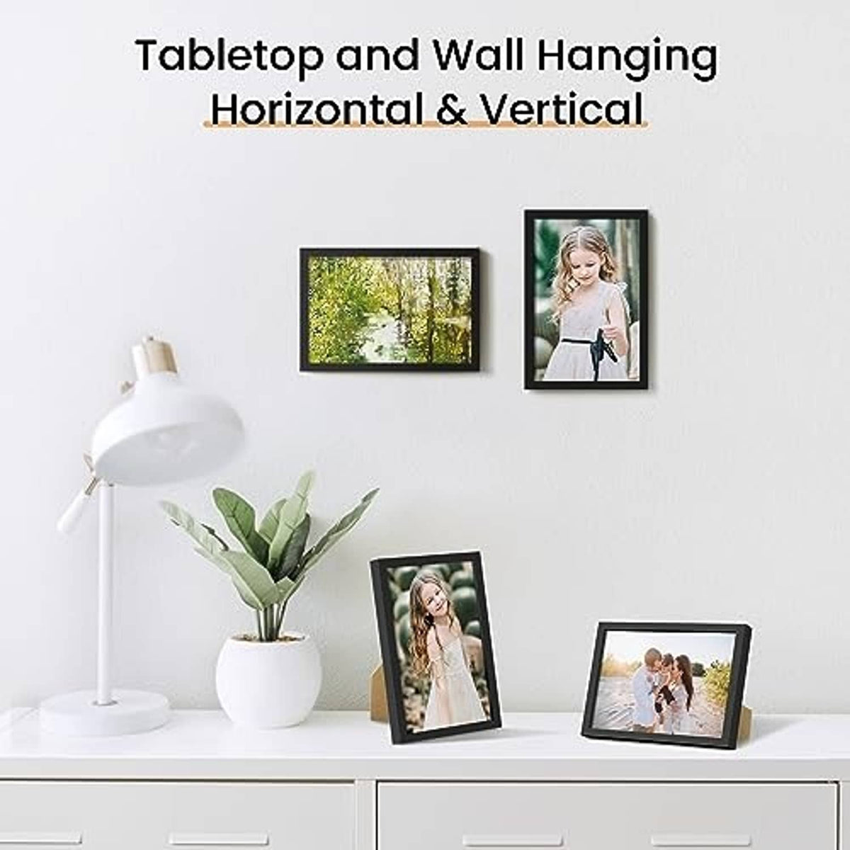 Black picture frame set for tabletop and wall hanging, shown in horizontal and vertical views