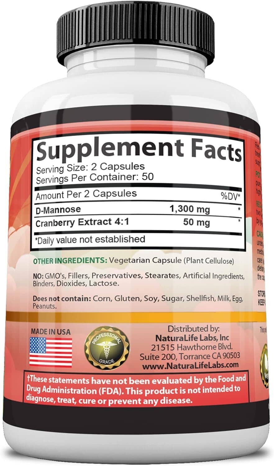 Back label with D-mannose 1300 mg and cranberry extract 50 mg