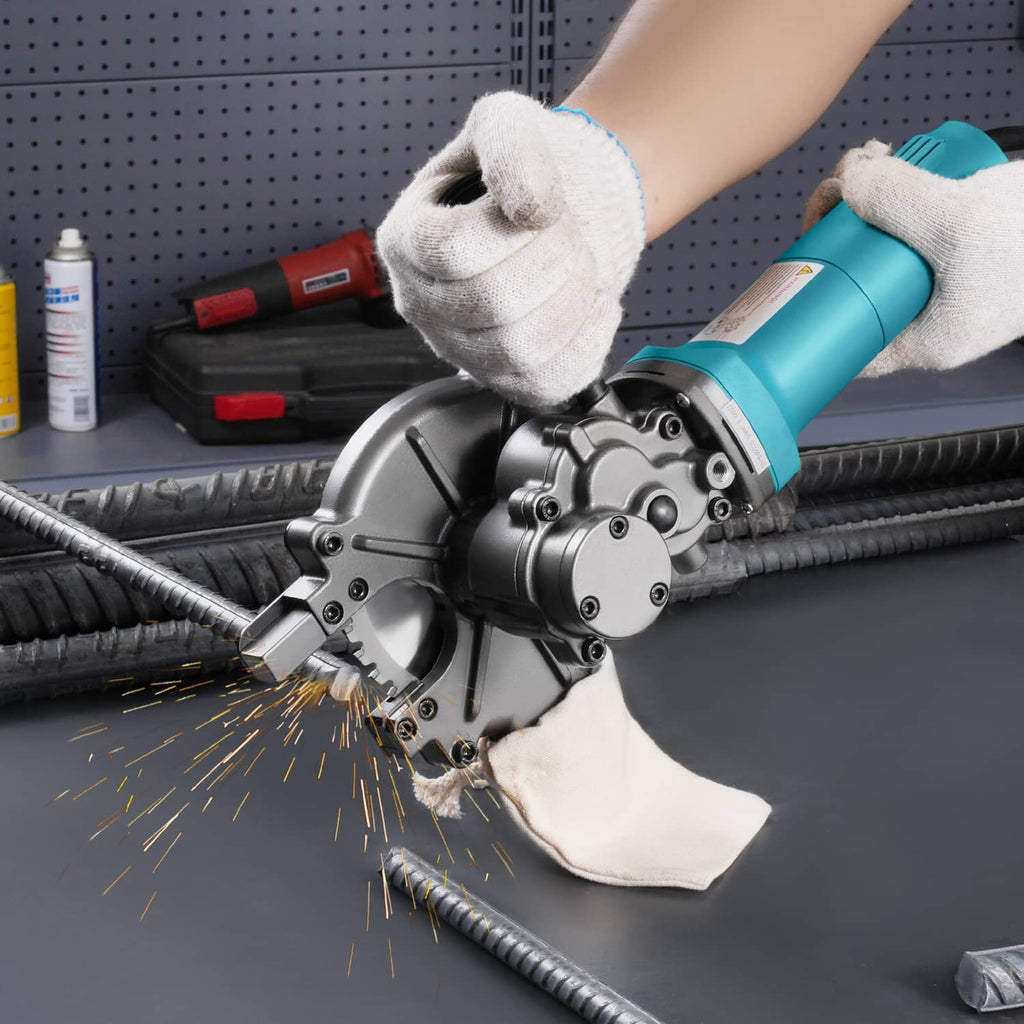 Electric rebar cutter cutting rebar with protective gloves and sparks