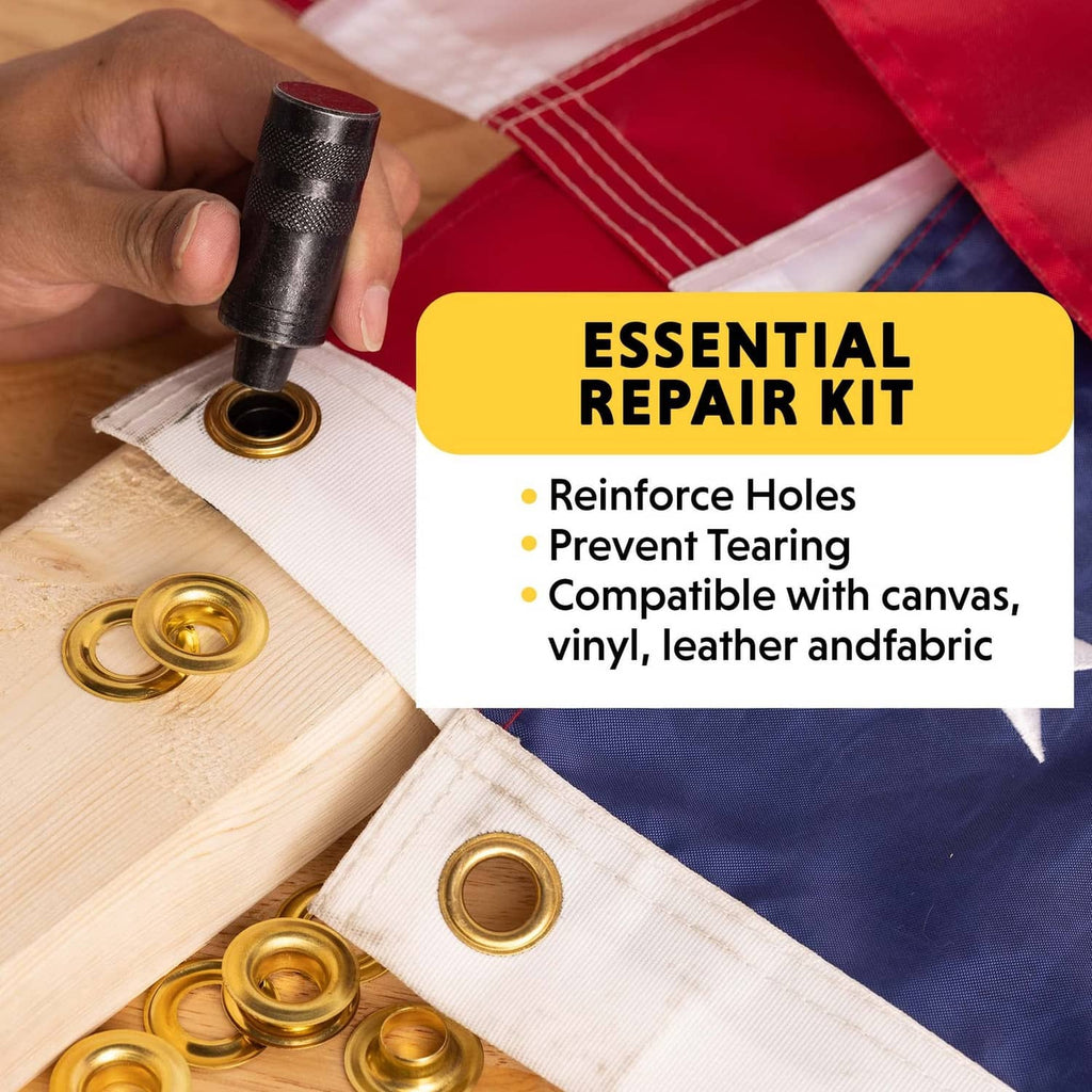 Hand installing a brass grommet using a punch tool on canvas fabric