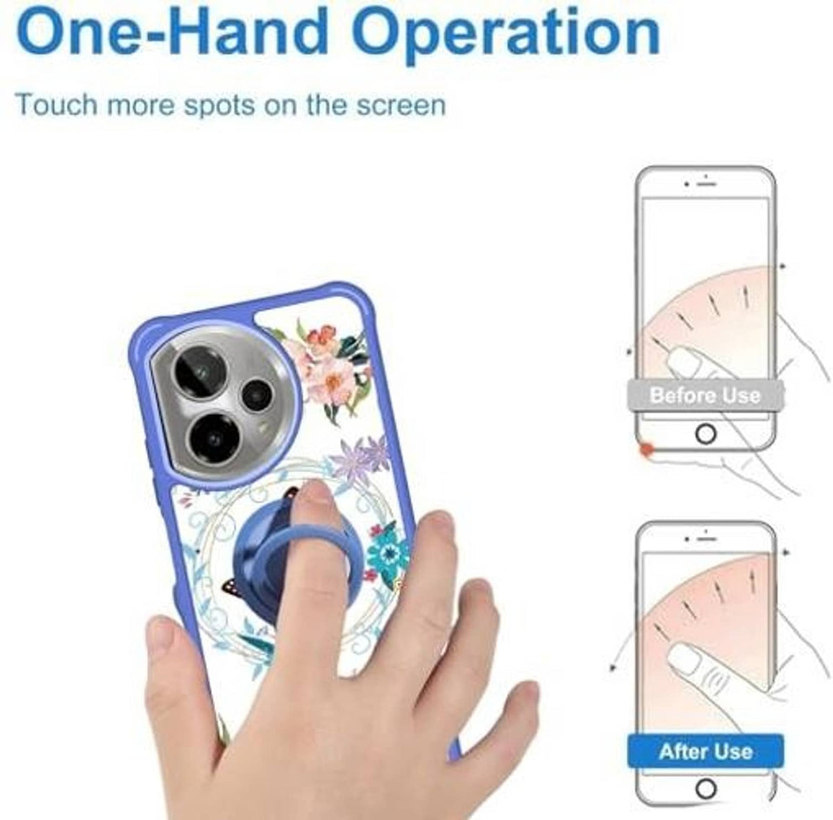 Blue floral butterfly phone case with ring holder, shown in hand for one-hand use