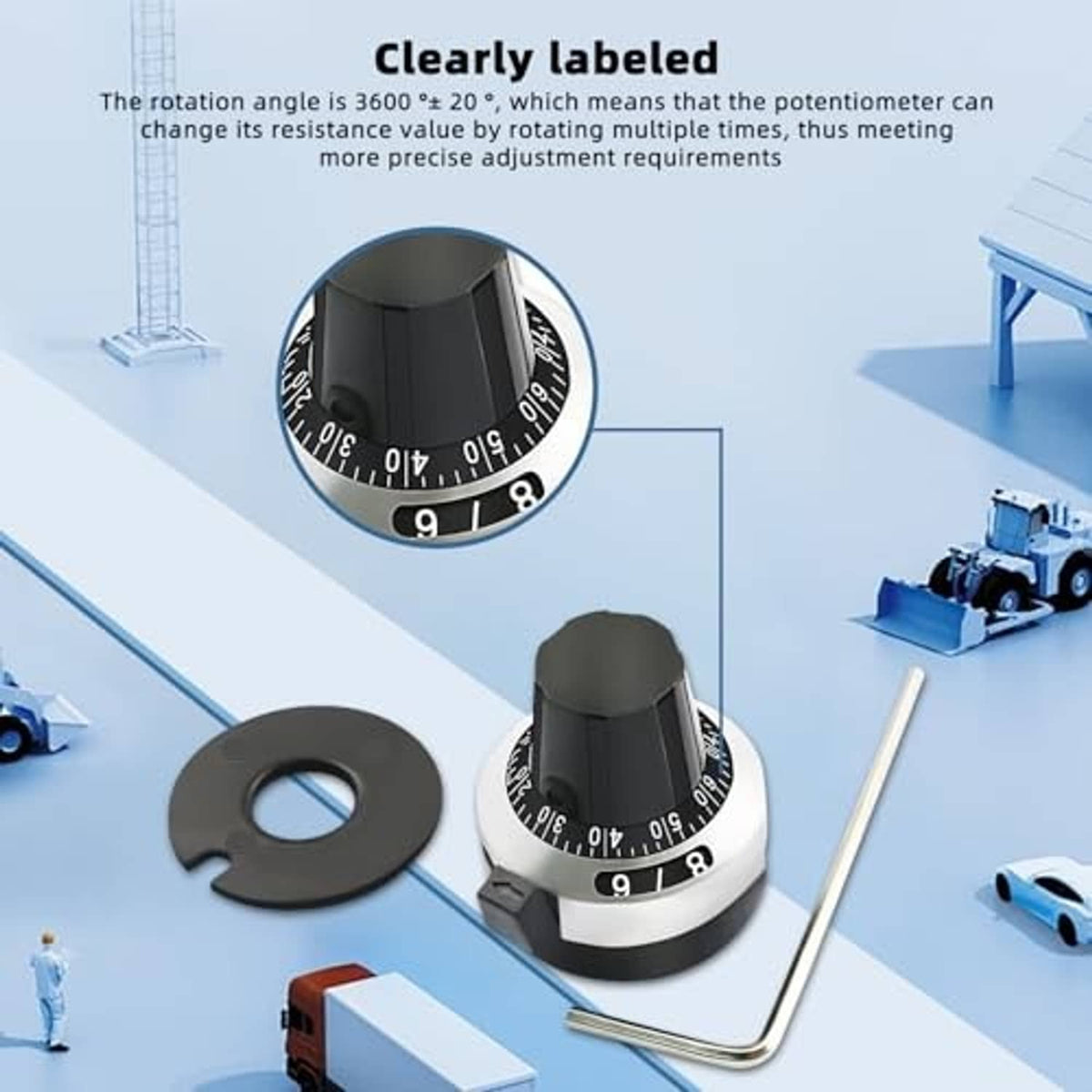 Rotary potentiometer knob with labeled dial and black cap, plus metal adjustment pin