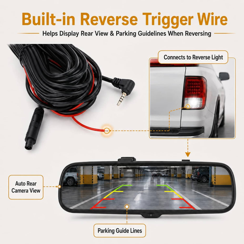 Black rear camera extension cable with built-in reverse trigger wire and 4-pin connector
