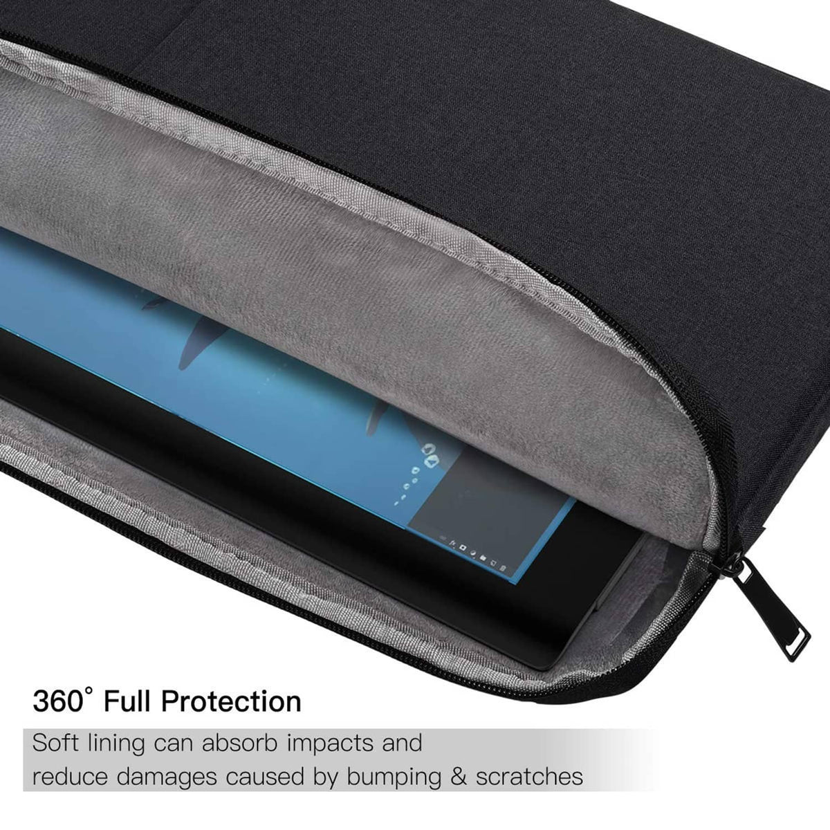 Black tablet sleeve with gray lining and zipped opening along the edge