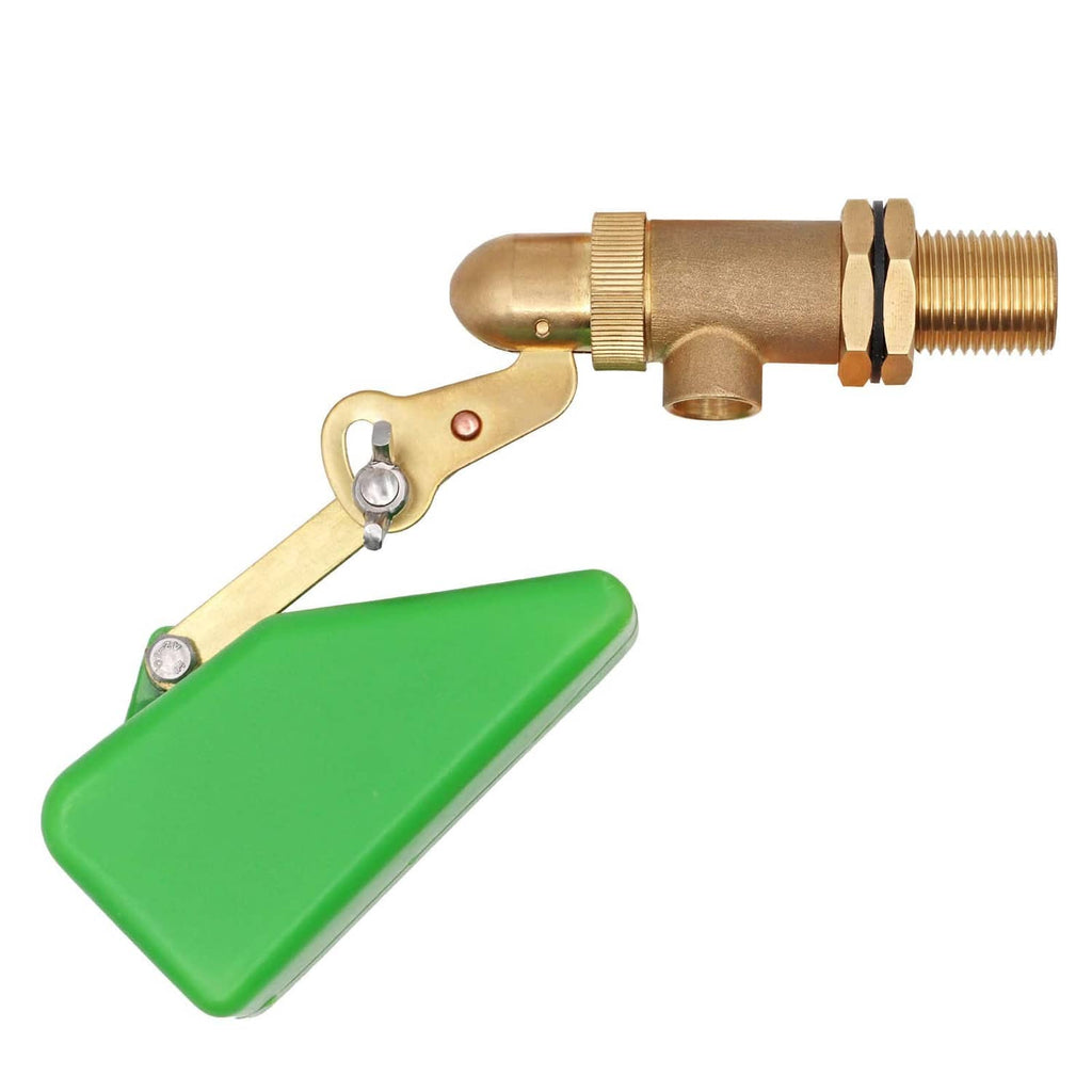 Brass 1/2-inch water float valve with green float pad and metal lever