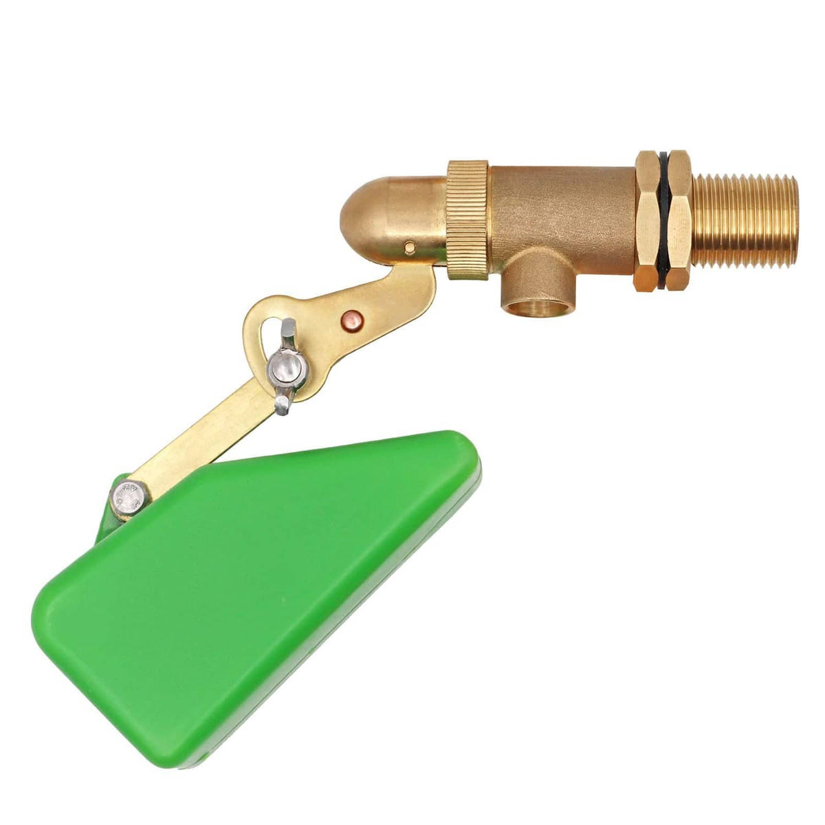 Brass 1/2-inch water float valve with green float pad and metal lever