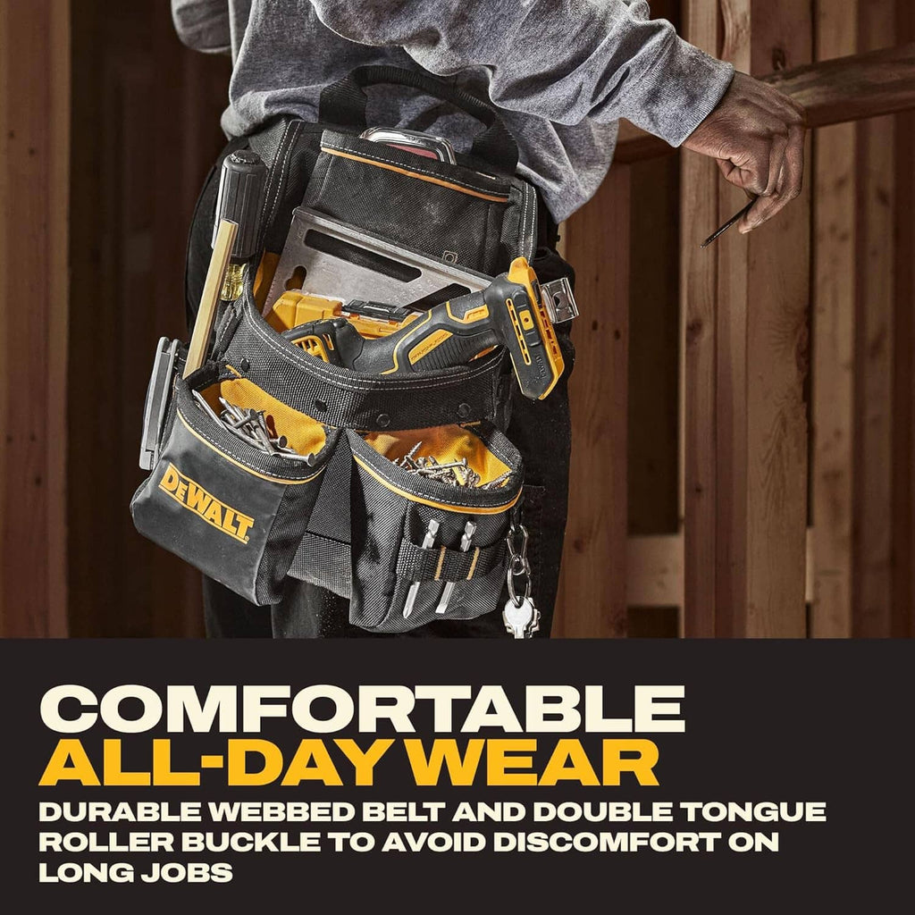 Tool belt pouch worn on jobsite, black with yellow trim and multiple front storage pockets