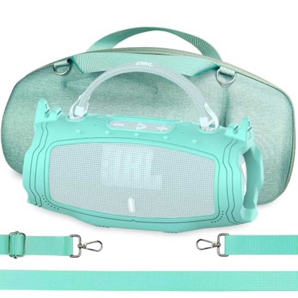 Teal silicone speaker cover with front grille window and top handle straps