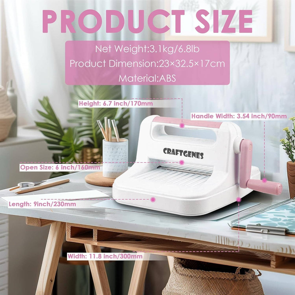 Die cutting and embossing machine on tabletop, white base with pink handle, CRAFTGENES