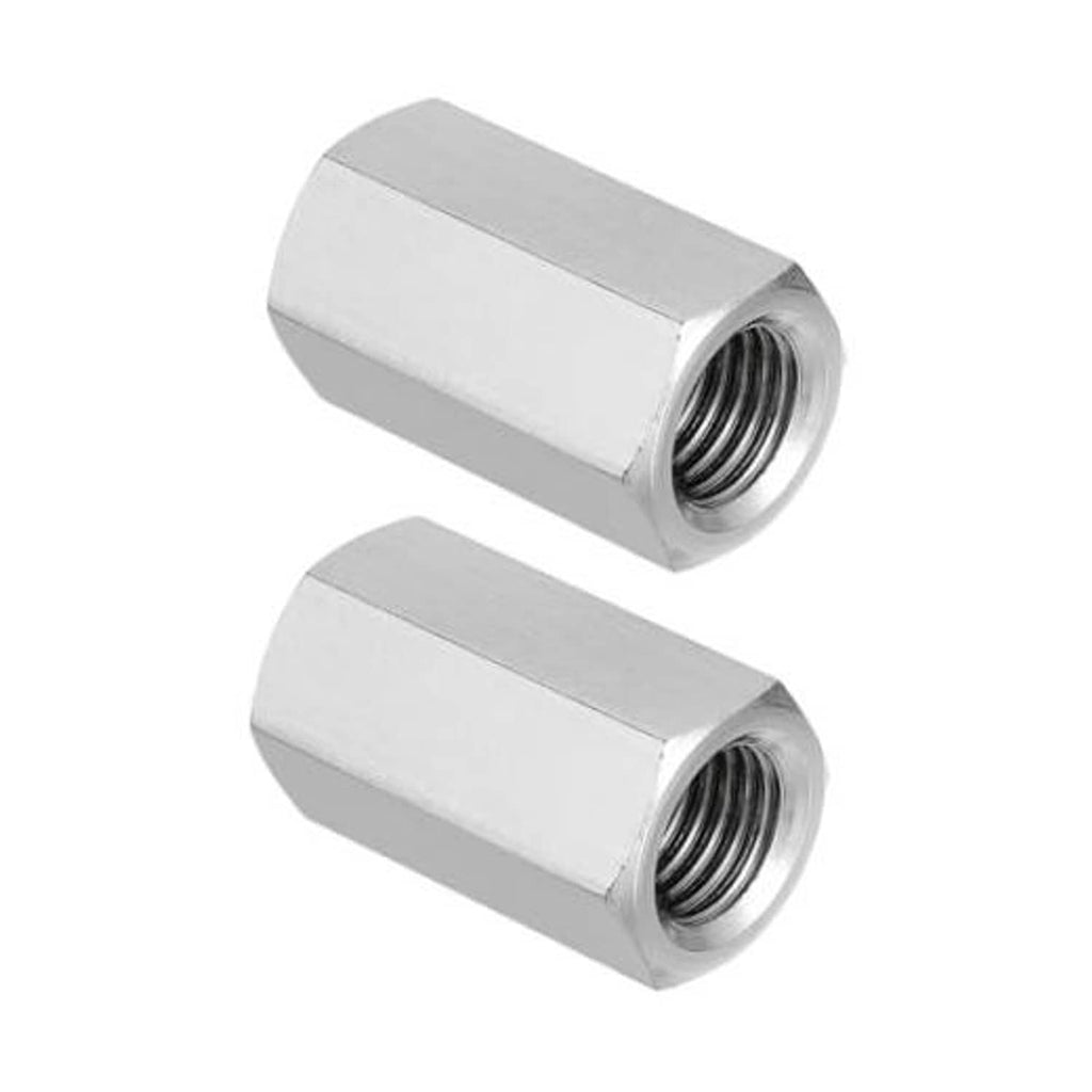 Stainless steel hex coupling nut set, showing two pieces with internal threaded bore