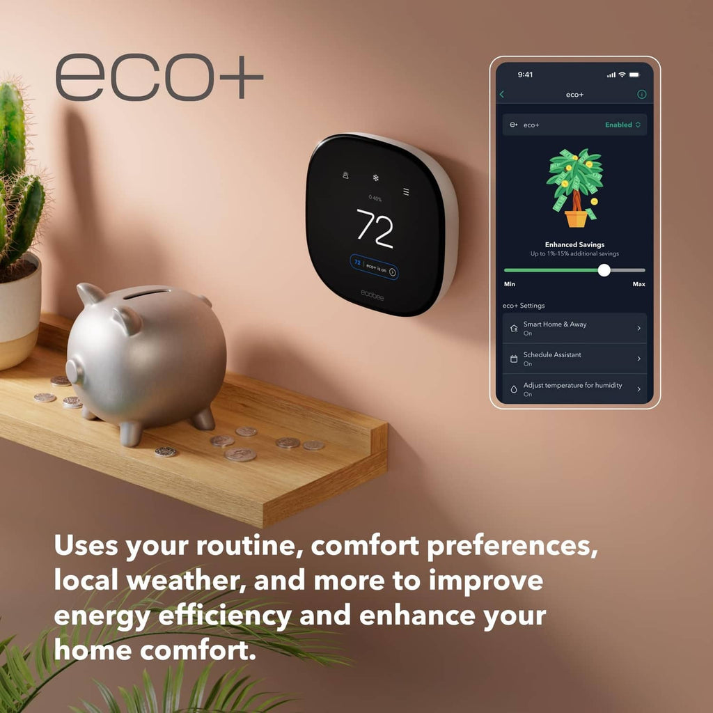 Black ecobee thermostat with 72 display and smartphone app showing enhanced savings